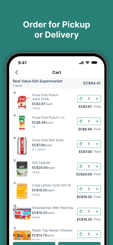 Real Value IGA Online Store - The cart screen of the Real Value IGA Online Store app showing a list of groceries for pickup or delivery.