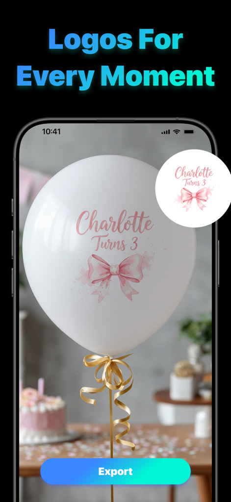 Kitnex AI 로고 메이커 앱에 풍선에 개인화된 생일 로고 목업이 표시됩니다.
