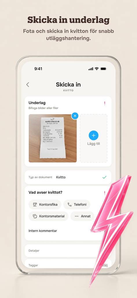 Wint - Un écran mobile de l'application Wint montrant le téléchargement d'un reçu numérique et l'interface de catégorisation des dépenses.