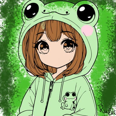 cute realistic girl in a froggy hoodie