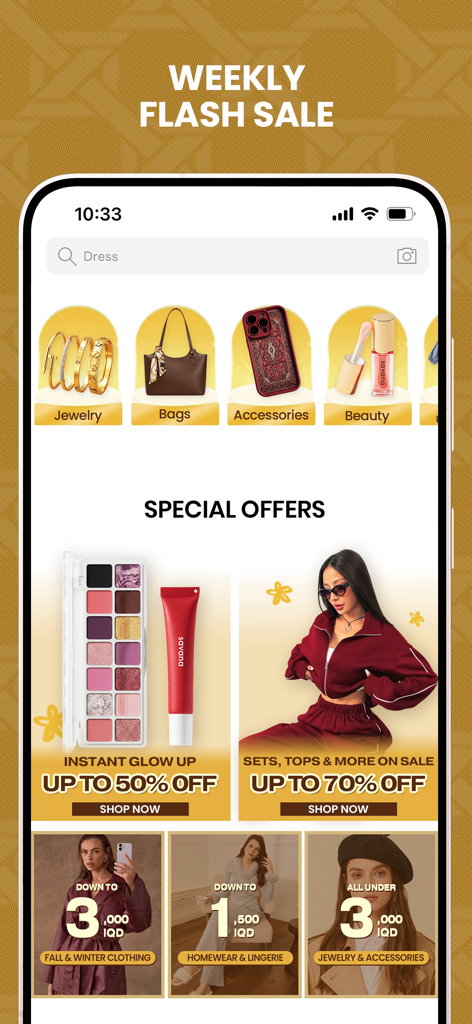 Interfaz de la aplicación de moda Savana que muestra rebajas flash semanales y descuentos especiales en ropa y accesorios