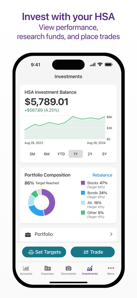 HealthEquity Mobile - Panel de la aplicación HealthEquity Mobile que muestra el saldo de las inversiones HSA con un gráfico de crecimiento y un gráfico de composición de la cartera.