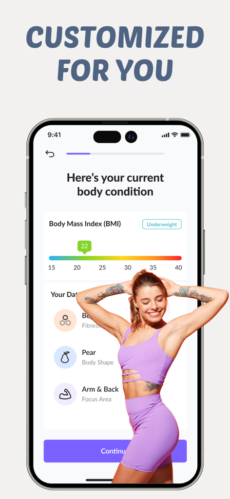 Lazy Workout for Weight Loss - Lazy Workout app screen showing personalized body condition analysis and BMI tracking.