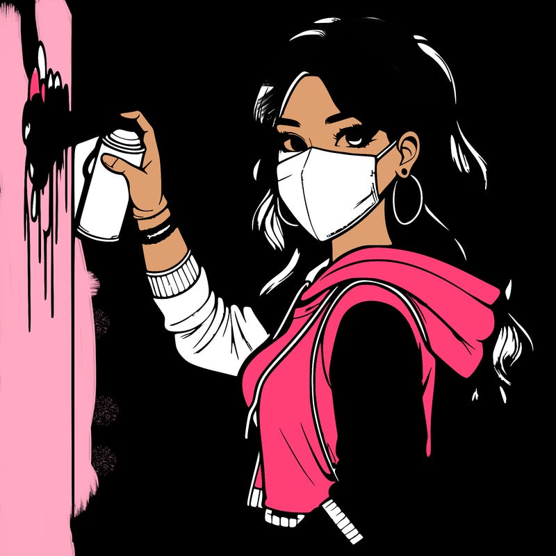 realistic girl with mask spray painting a wall