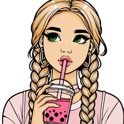 realistic girl with braided hair drinking boba