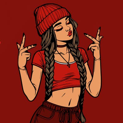 realistic teenage girl with braids and a beanie and crop top doing 🫶🏼