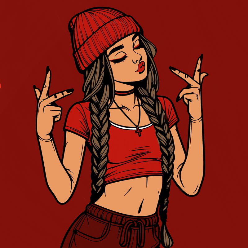 realistic teenage girl with braids and a beanie and crop top doing 🫶🏼