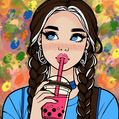 realistic girl with braided hair drinking boba