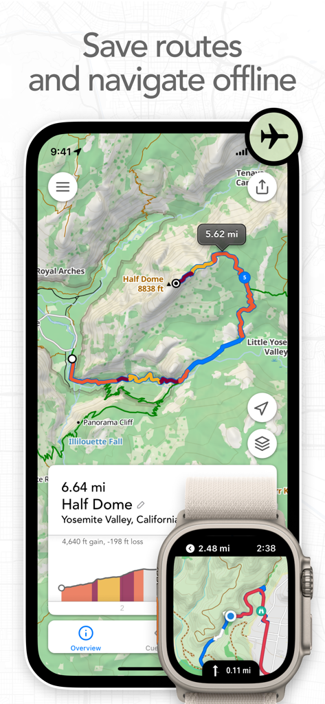 iPhone and Apple Watch displaying a topographic hiking route of Half Dome in Yosemite
