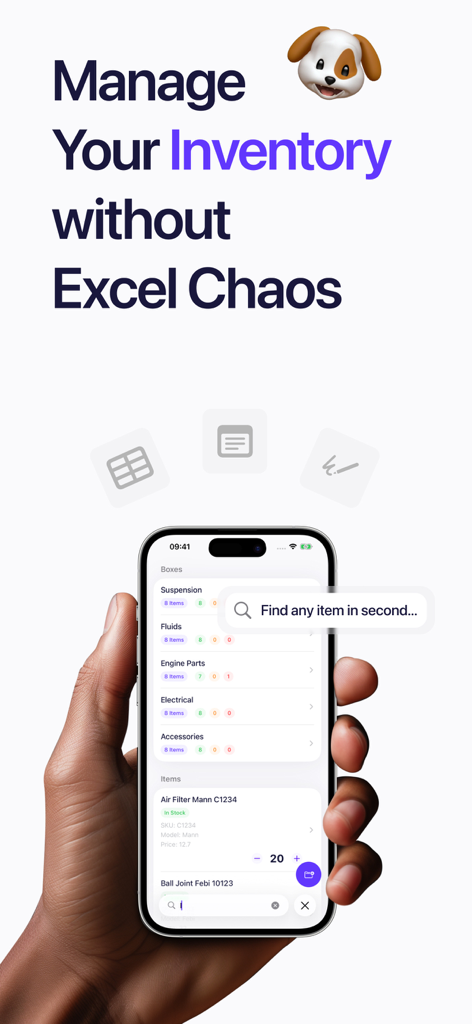 Inventory Tracker - Sklad - Sklad mobile app interface showing inventory categories and stock levels on an iPhone screen