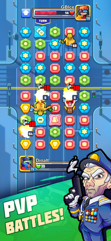 Puzzle Wars: Heroes - Echtzeit-PvP-Kampf-Gameplay in Puzzle Wars Heroes mit Match-3-Mechanik und stilisierten Helden