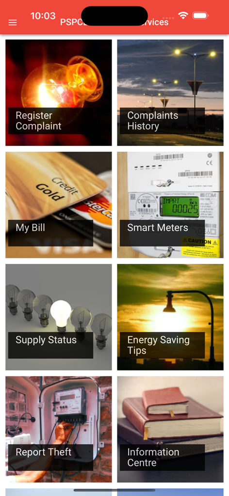 Dashboard of the PSPCL Consumer Services app with options for billing complaints and smart meter monitoring