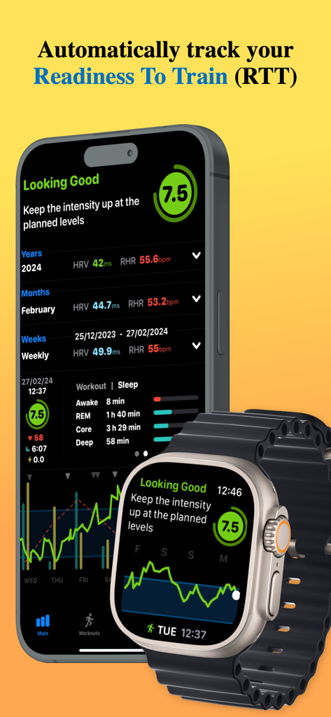 Training Today - Pantallas de iPhone y Apple Watch que muestran la puntuación de "listo para entrenar" de la aplicación Training Today y métricas de salud