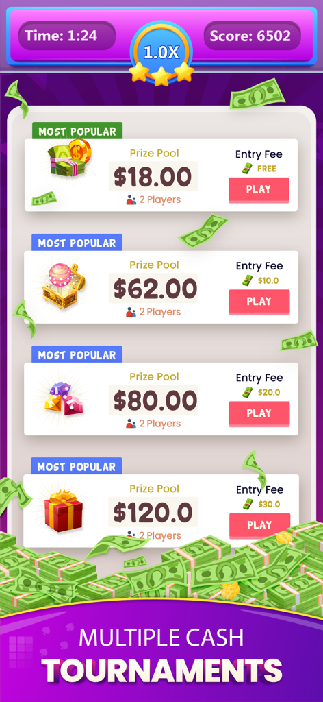 Solitaire Vie: Real Money Game - Lista de torneios de paciência com dinheiro real com prêmios variando de 18 a 120 dólares