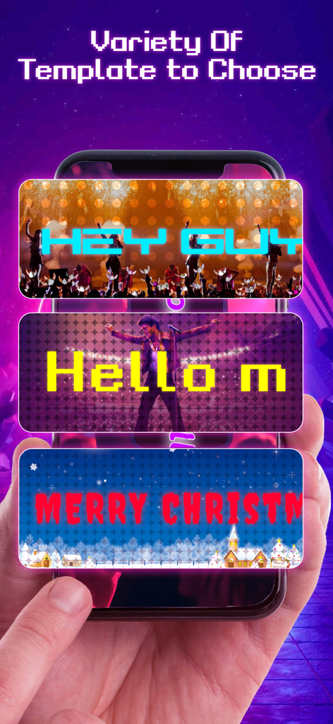 LED Banner: LED Scroller Text - Variedad de plantillas de banner LED para conciertos, fiestas y festividades mostradas en la pantalla de un smartphone
