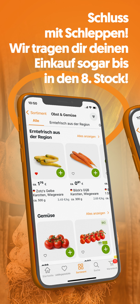 Knuspr.de - Tela do aplicativo Knuspr mostrando vegetais regionais frescos e serviço de entrega de supermercado