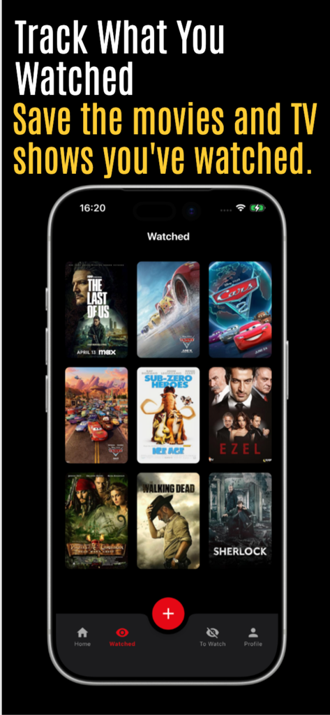 Movie & Series List - Mobile app interface showing a grid of posters for watched movies and TV series including The Last of Us and Sherlock.