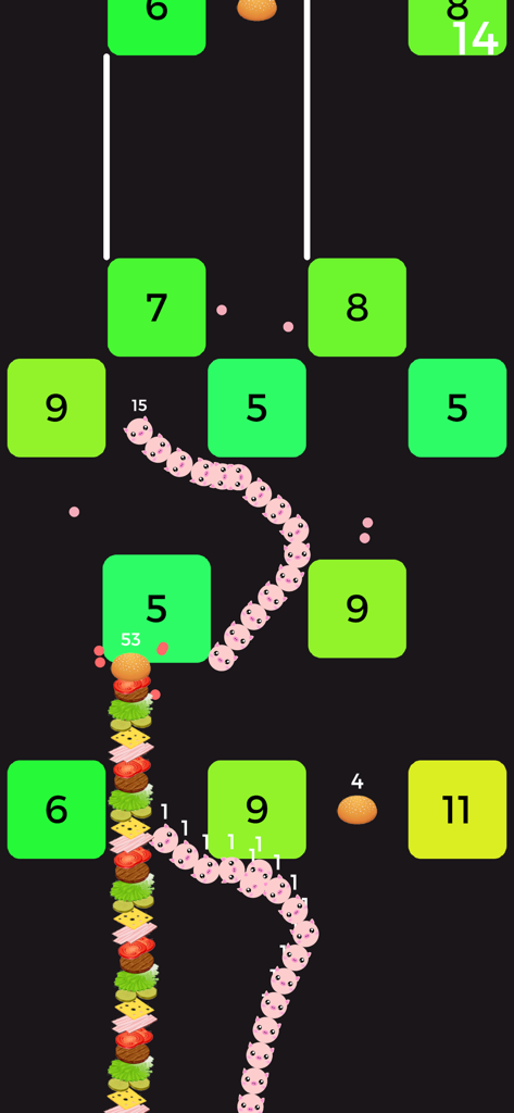 A snake made of pig faces moving through numbered blocks in Snake VS Block