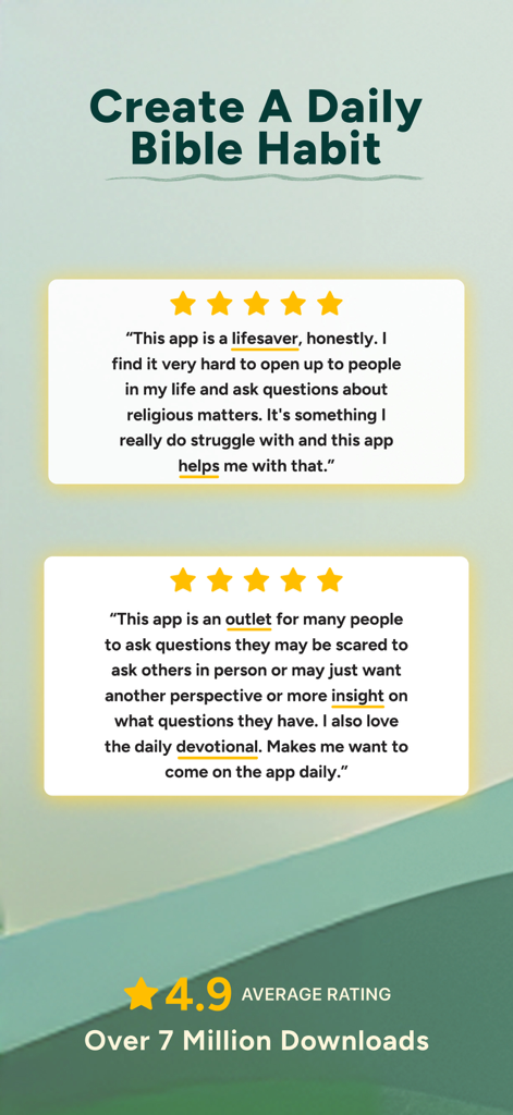 Recensioni degli utenti dell'app Bibbia Chat che mostrano valutazioni a cinque stelle e testi che promuovono un'abitudine biblica quotidiana