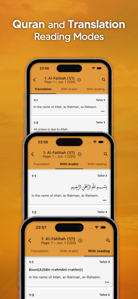 Quran and Tafsir app interface displaying translation and Arabic reading modes for Surah Al Fatihah