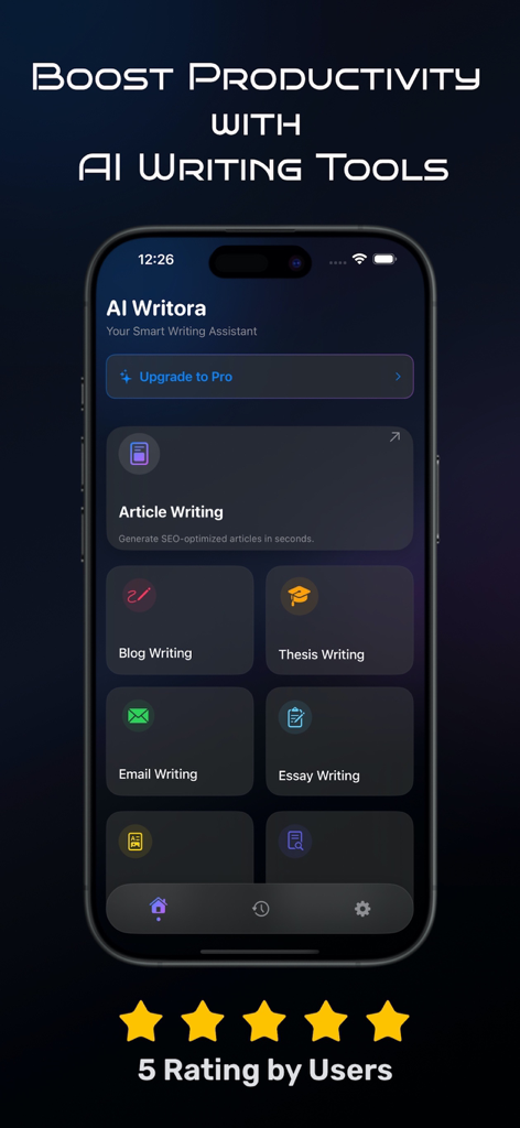 AI Writer & Essay Generator - AI Writora app interface showing various AI writing categories like Article, Blog, Thesis, Email, and Essay writing.