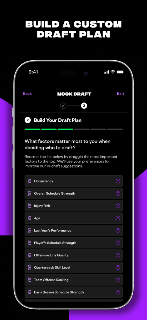 Interface for building a custom fantasy football draft plan by ranking factors like consistency and injury risk