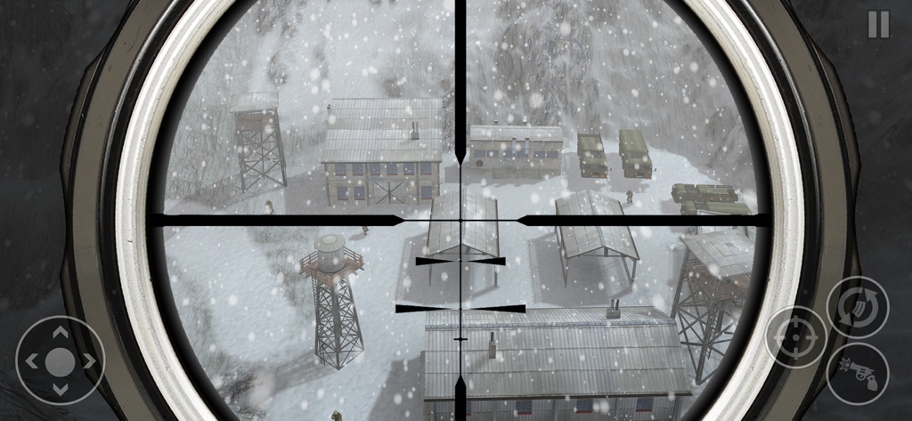 Snow Army Sniper Shooting War - Visão de luneta de sniper em primeira pessoa de uma base militar nevada com edifícios e torres de vigia