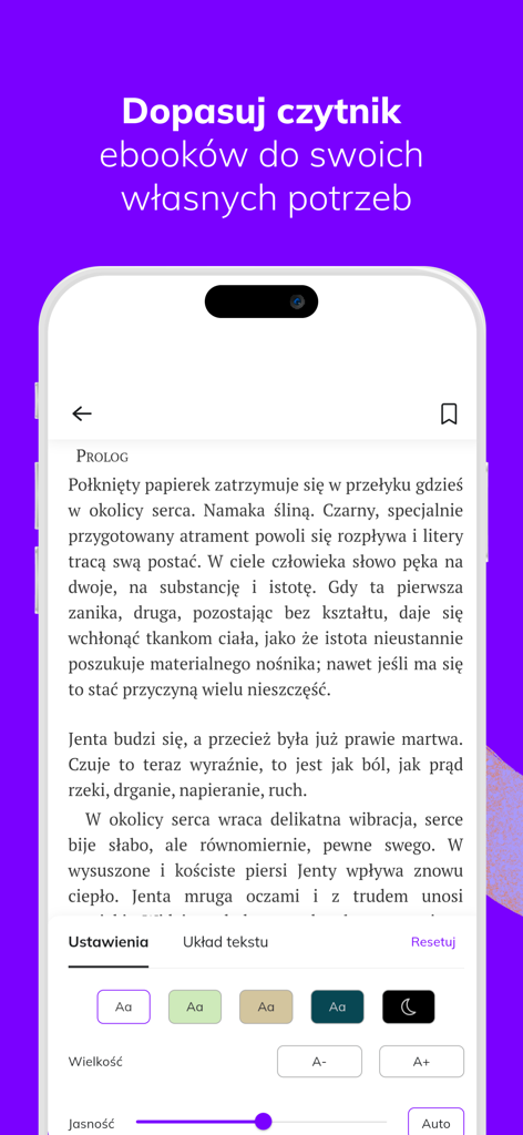 Woblink - Woblink mobile app showing e-book reader settings for adjusting font size background color and brightness