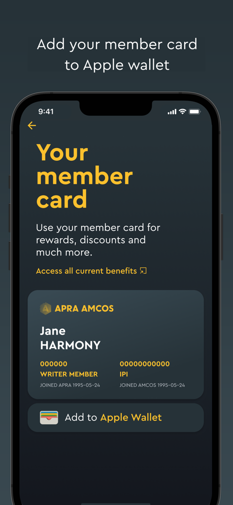 APRA AMCOS app screen showing a digital member card and the option to add it to Apple Wallet.