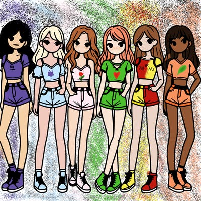 a group of girls wearing crop tops and shorts
