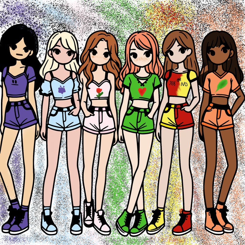 a group of girls wearing crop tops and shorts