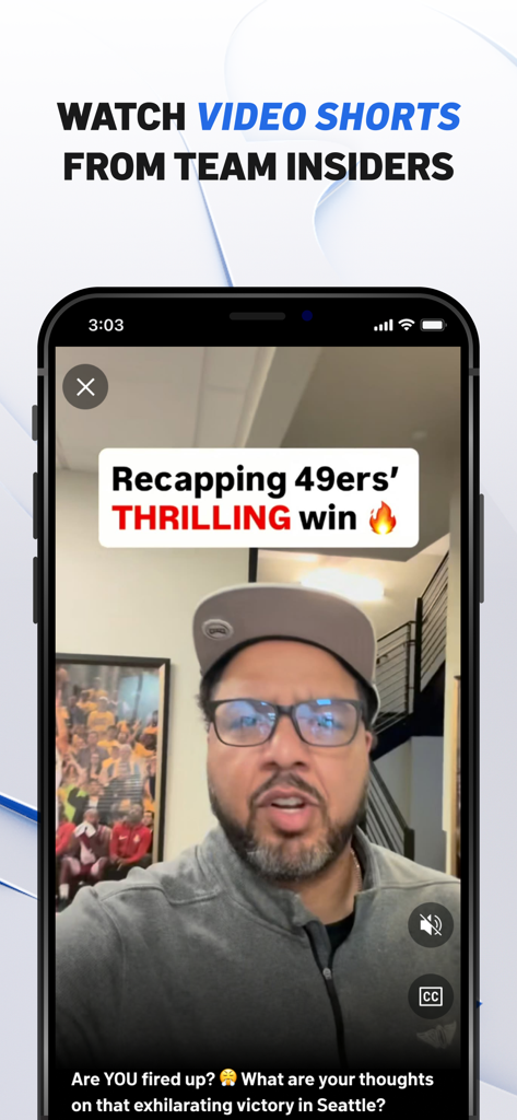 NBC Sports Bay Area & CA - A mobile screen showing a video short recap of a San Francisco 49ers win from a sports insider on the NBC Sports app.