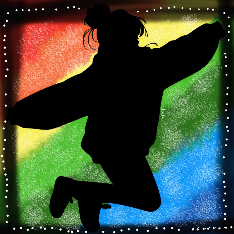 realistic girl jumping with a bun and oversized sweatshirt