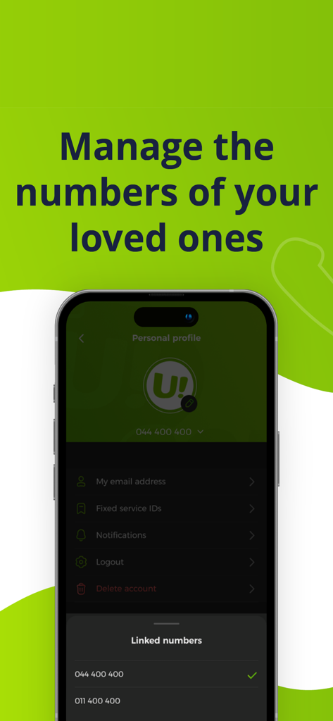 A screenshot of the Ucom mobile app interface displaying a personal profile screen where users can manage linked phone numbers for family members