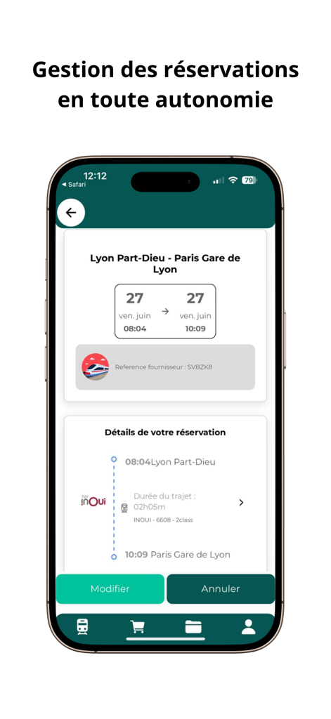 Una interfaz móvil de la aplicación Portail Entreprises que muestra los detalles de un viaje en tren de Lyon a París con opciones para modificar o cancelar la reserva.