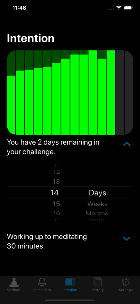 Lotus Bud Meditation Timer - Lotus Bud app Intention screen showing a bar chart tracking meditation progress and goal duration.