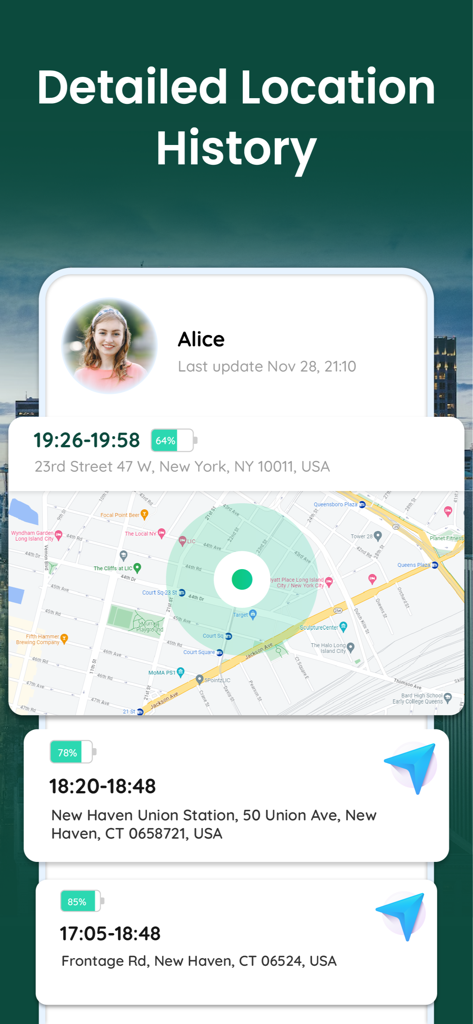 GPS Phone Locator and Tracker - FamilyConnect app screen displaying a detailed location history and activity log of a family member