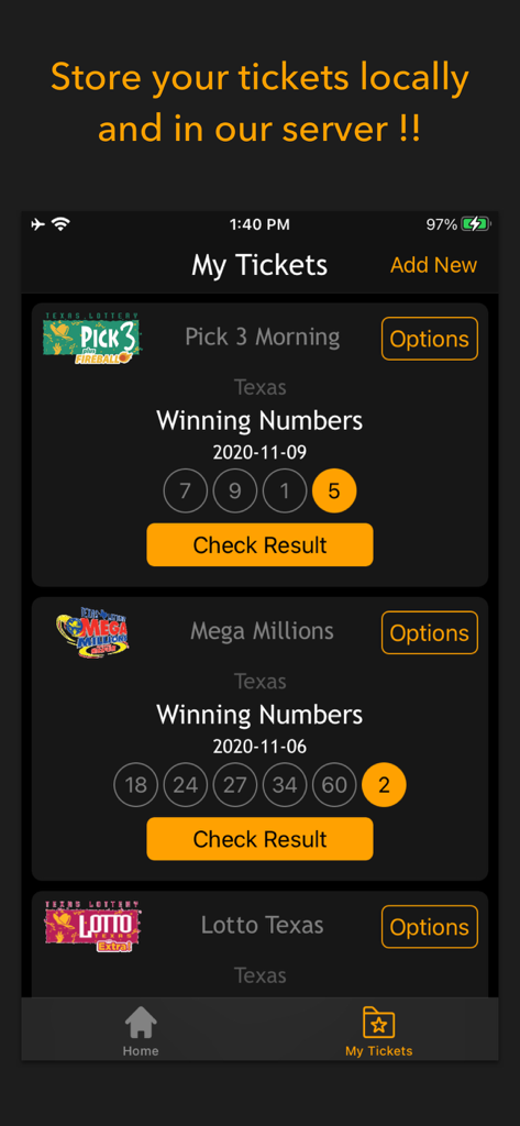 Mobile app interface showing saved lottery tickets for Texas Pick 3 and Mega Millions with winning numbers.