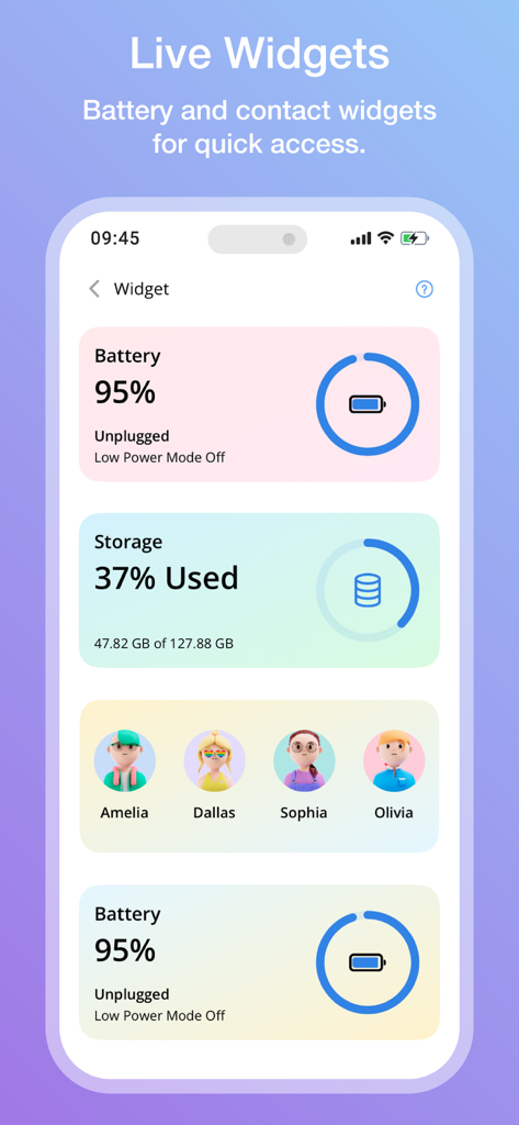 Cleaner Kit app screen displaying customizable live widgets for battery storage and favorite contacts