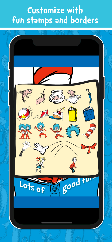 Dr. Seuss Camera app screen showing a variety of character stamps and themed stickers for photo customization