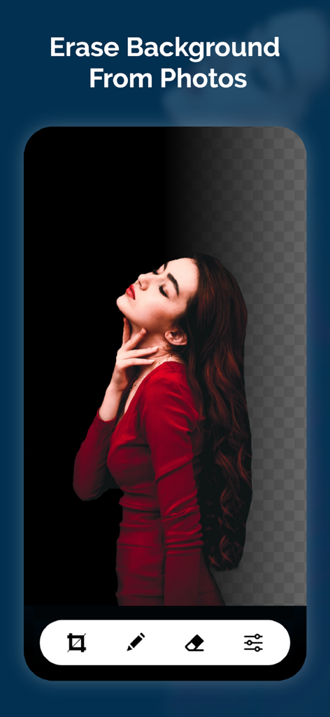 Mobile app interface showing a background removal tool on a photo of a woman in a red dress.