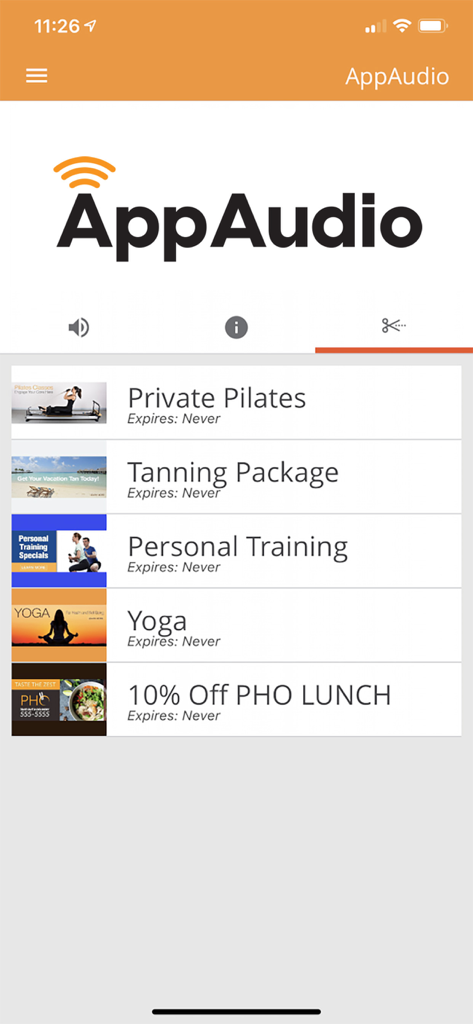 AppAudio - Tela do aplicativo AppAudio mostrando ofertas locais de aulas de fitness e descontos em restaurantes