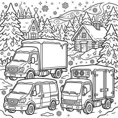 Explore the busy world of commercial vehicles as they navigate a beautiful winter wonderland. This charming coloring page features various trucks and vans adorned with snow, ready for your creative touch.