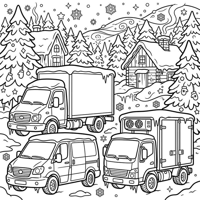 Explore the busy world of commercial vehicles as they navigate a beautiful winter wonderland. This charming coloring page features various trucks and vans adorned with snow, ready for your creative touch.