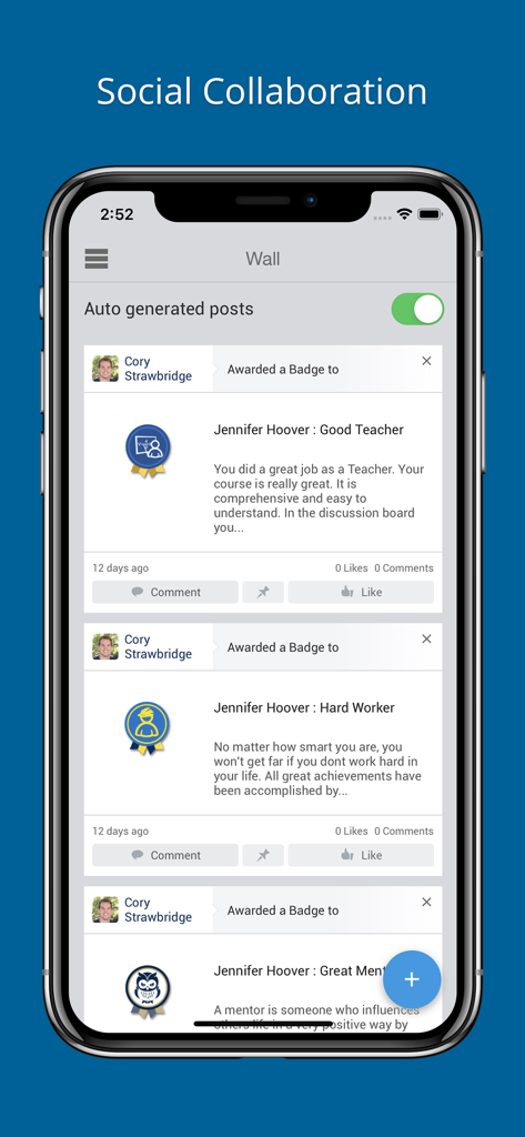 Social collaboration screen in Dutch Bros U showing employee recognition badges.