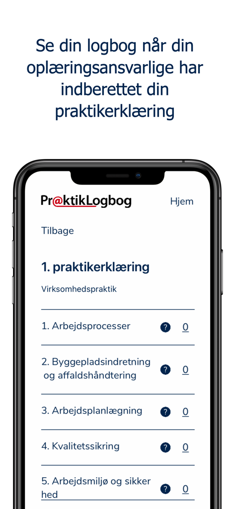 PraktikLogbog - Interface of the PraktikLogbog app showing a digital logbook for tracking vocational internship skills and progress