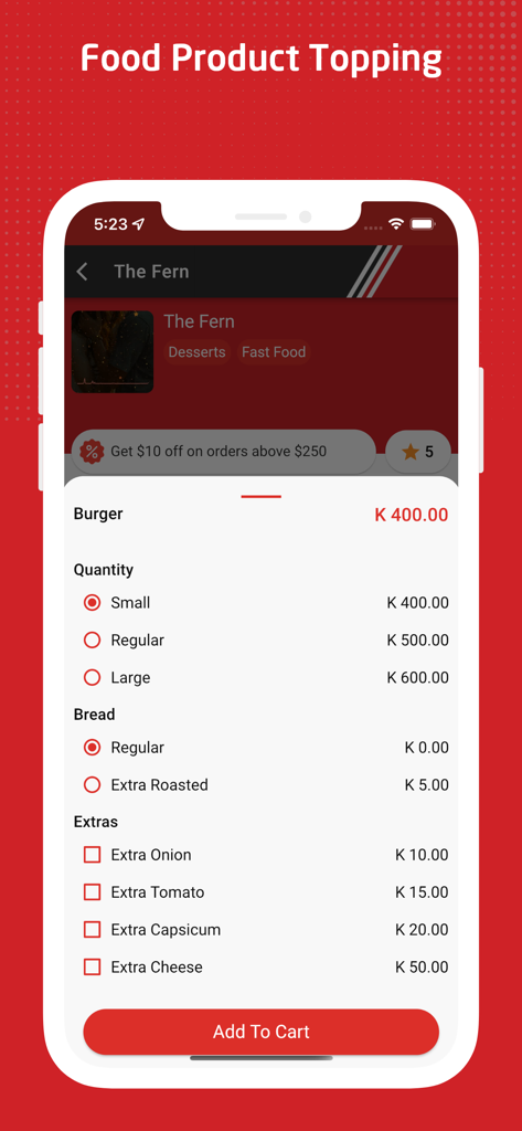 GoFood (PNG) Customer - GoFood PNGアプリのハンバーガーカスタマイズ画面。サイズ、パン、追加トッピングのオプションが表示されています