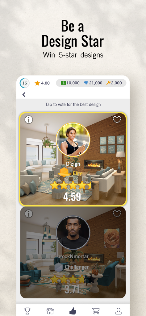 Design Home™: House Makeover - Screenshot showing the voting feature in Design Home where players compare two room designs to select a winner.