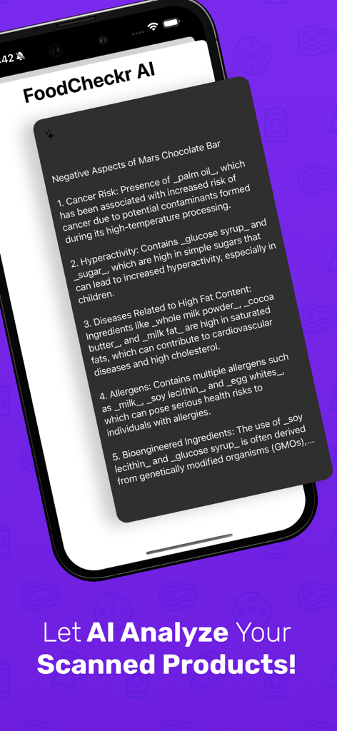 FoodCheckr: food scanner - A screenshot of FoodCheckr AI analyzing a chocolate bar for harmful additives and health risks.