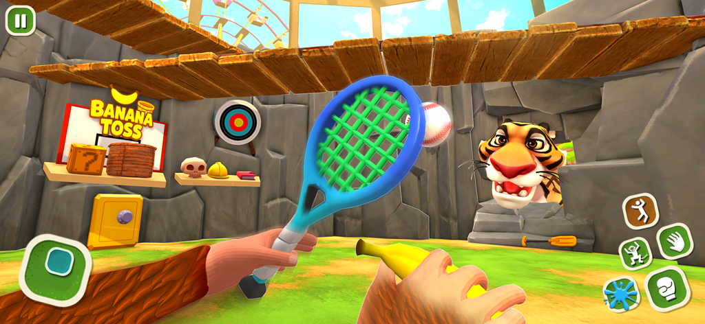 I Monkey Naughty Zoo Cage Game - Vue à la première personne d'un singe tenant une raquette de tennis et une banane face à un tigre dans une cage de zoo.